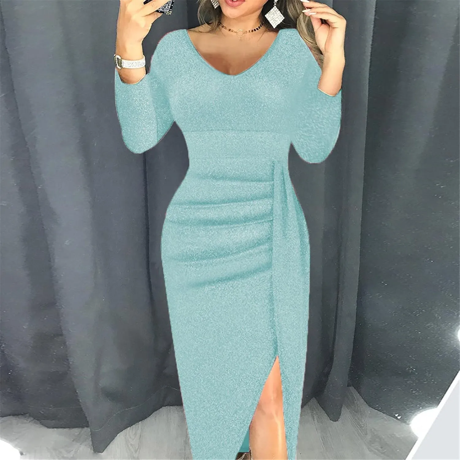 Cocktail Party Dresses,Elegant Formal Long Sleeve Sparkly Dress Plus Size Sexy Bodycon V Neck Smocked Slit Dress