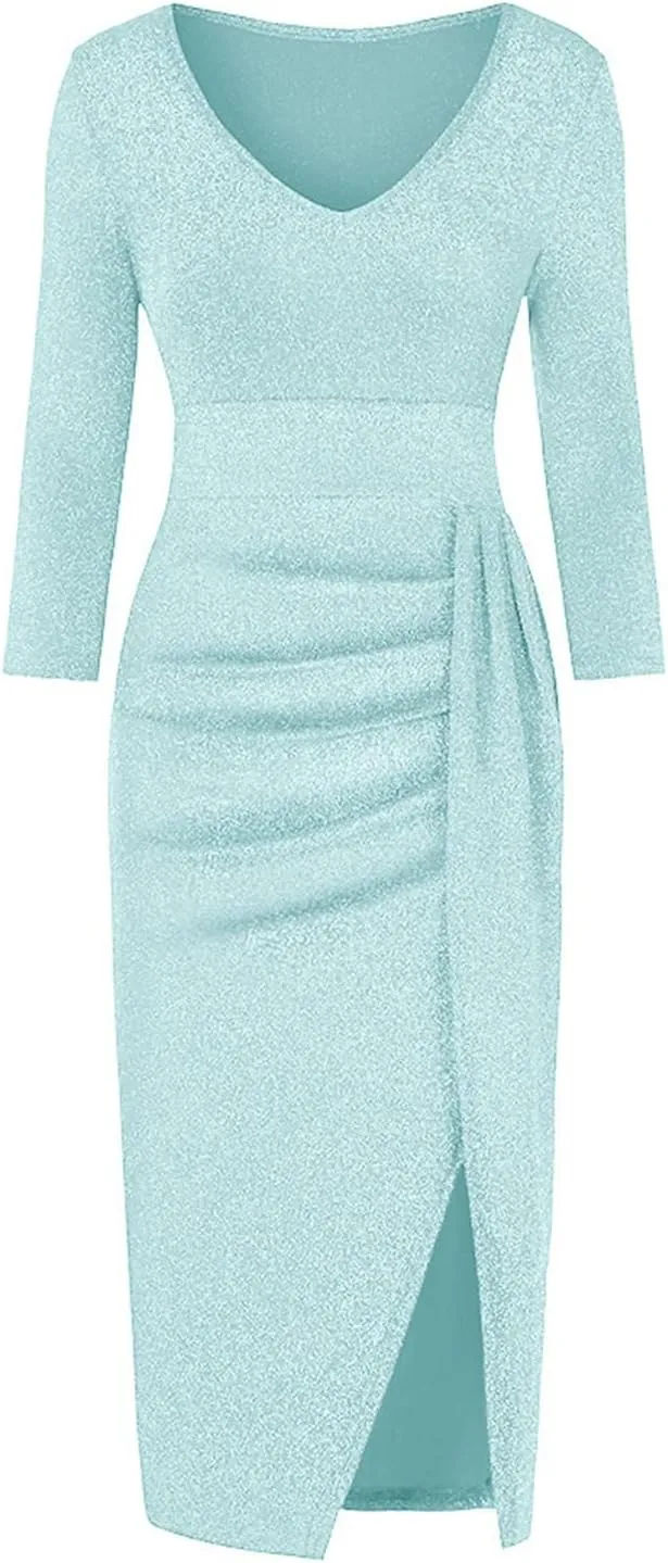 Cocktail Party Dresses,Elegant Formal Long Sleeve Sparkly Dress Plus Size Sexy Bodycon V Neck Smocked Slit Dress