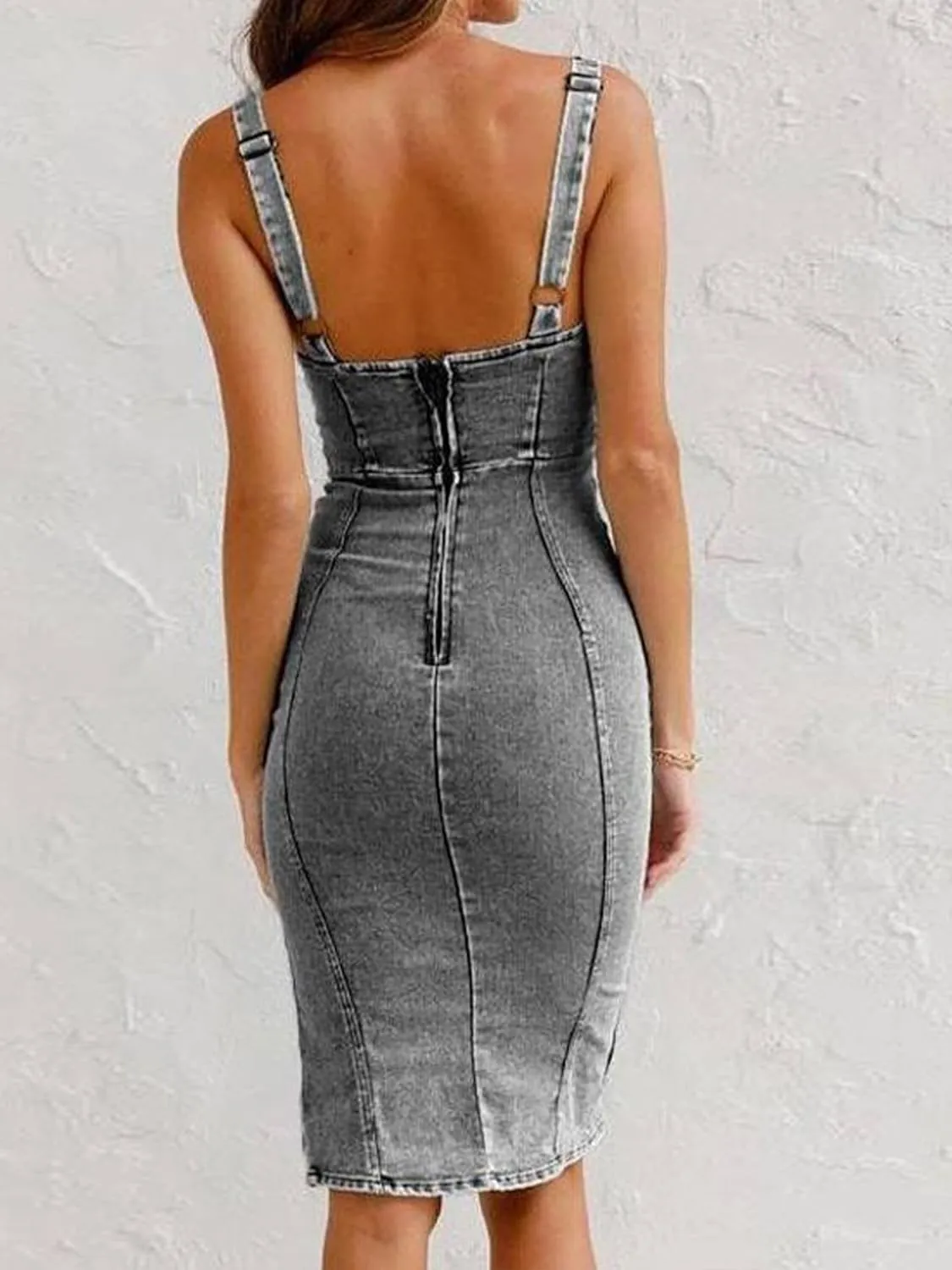 Conshvi Women's Sleeveless Bodycon Denim Tank Dress Scoop Neck Zip Up Side Slit Stretchy Wrap Club Party Jean Midi Dresses