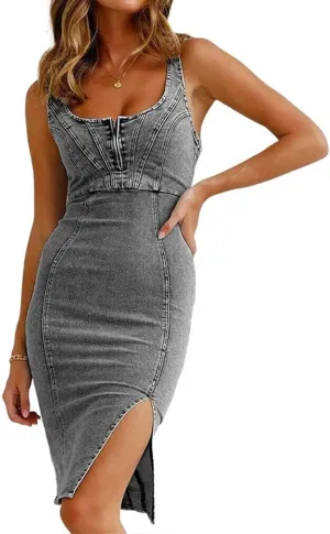 Conshvi Women's Sleeveless Bodycon Denim Tank Dress Scoop Neck Zip Up Side Slit Stretchy Wrap Club Party Jean Midi Dresses