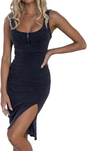 Conshvi Women's Sleeveless Bodycon Denim Tank Dress Scoop Neck Zip Up Side Slit Stretchy Wrap Club Party Jean Midi Dresses