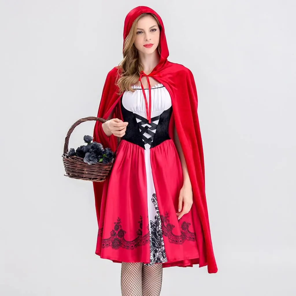 Cosplay Costume for Women Little Red Riding Hood Halloween Adult Cape Christmas Party Dress with Cloak Robe