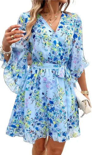 COTECRAM Summer Dresses for Women 2025 Vacation Casual V Neck Ruffle Boho Floral Chiffon Dress Cute Mini Short Dress Sundress
