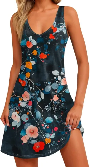 COTECRAM Women's Summer Dresses 2024 Beach Casual Sleeveless Floral Print Boho Tank Dress V Neck Loose Sundress with Pockets