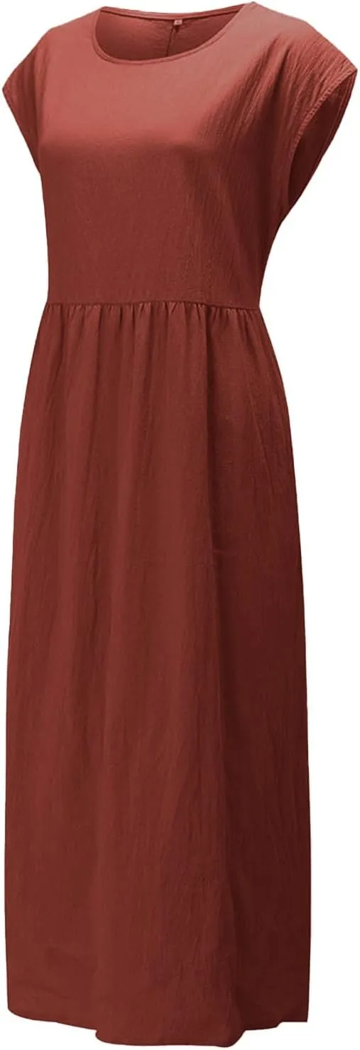 Cotton Dresses for Women 2024 Summer Linen Causal Maxi Shirt Dress Ladies Short Sleeve T-Shirt Sundress with Pockets