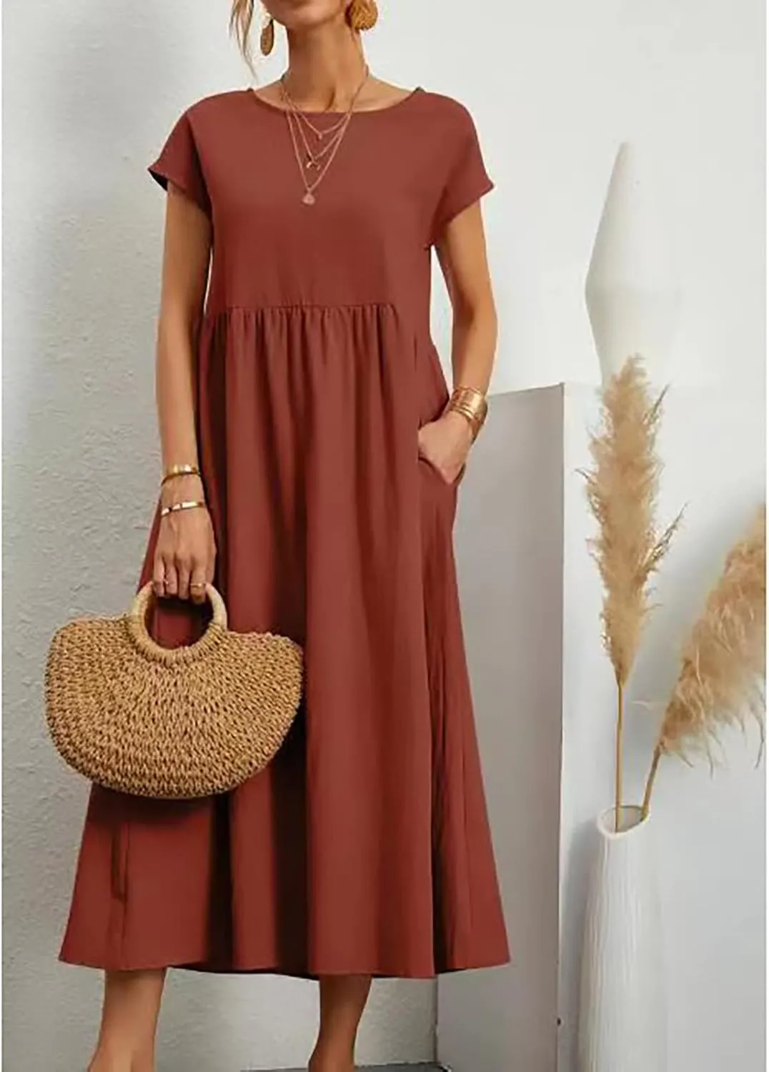 Cotton Dresses for Women 2024 Summer Linen Causal Maxi Shirt Dress Ladies Short Sleeve T-Shirt Sundress with Pockets