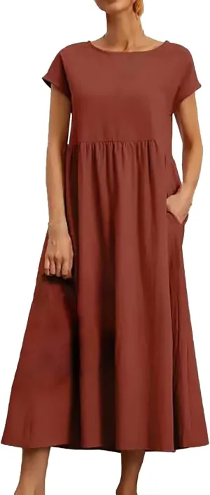 Cotton Dresses for Women 2024 Summer Linen Causal Maxi Shirt Dress Ladies Short Sleeve T-Shirt Sundress with Pockets