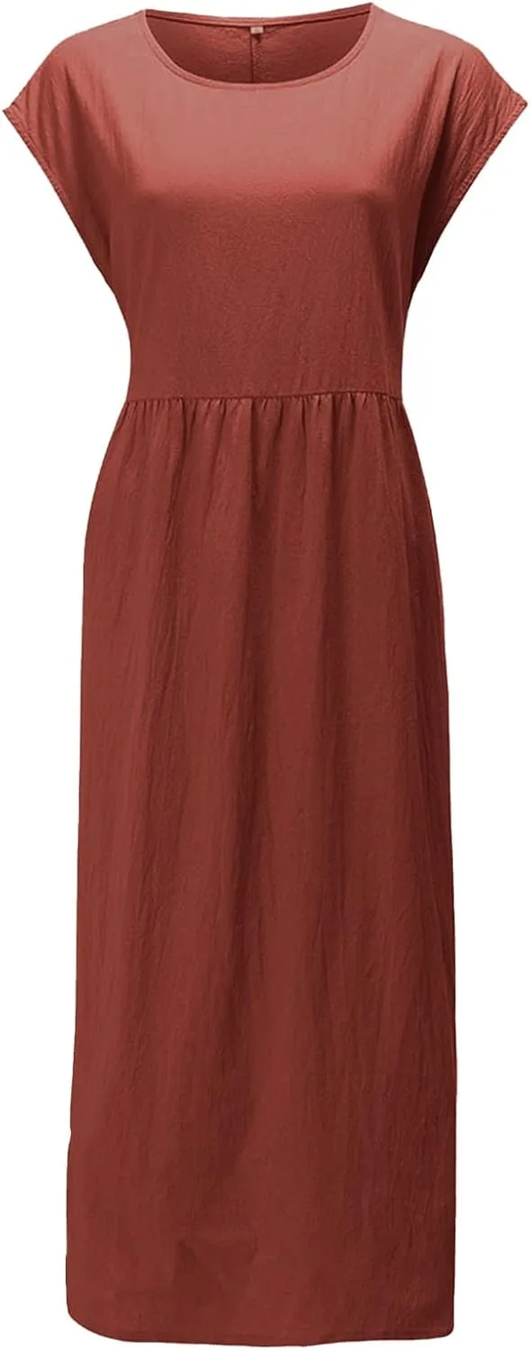 Cotton Dresses for Women 2024 Summer Linen Causal Maxi Shirt Dress Ladies Short Sleeve T-Shirt Sundress with Pockets