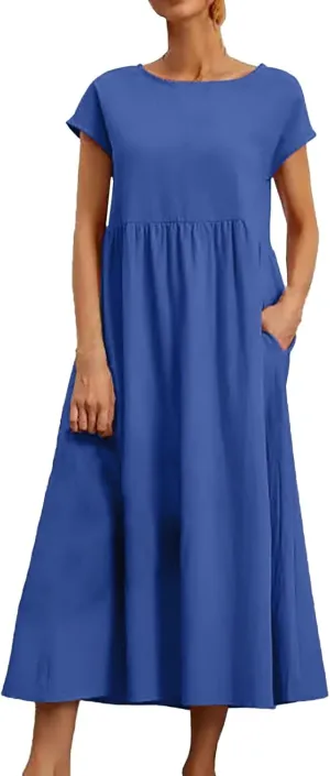 Cotton Dresses with Pockets for Women Casual Summer Midi Dress Solid Plus Size Short Sleeve Knee Length T Shirt Dress