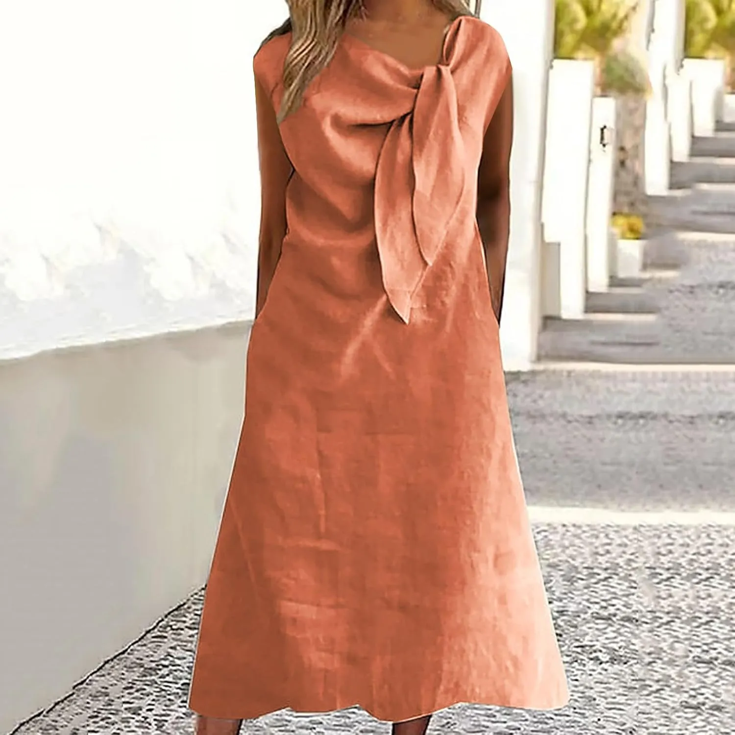 Cotton Linen Dress for Women Summer Fashion Pleated Collar Sleeveless Breathable Loose Fit Dresses Beach Sundress