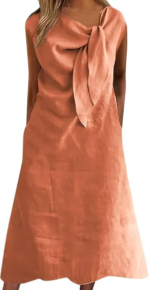 Cotton Linen Dress for Women Summer Fashion Pleated Collar Sleeveless Breathable Loose Fit Dresses Beach Sundress