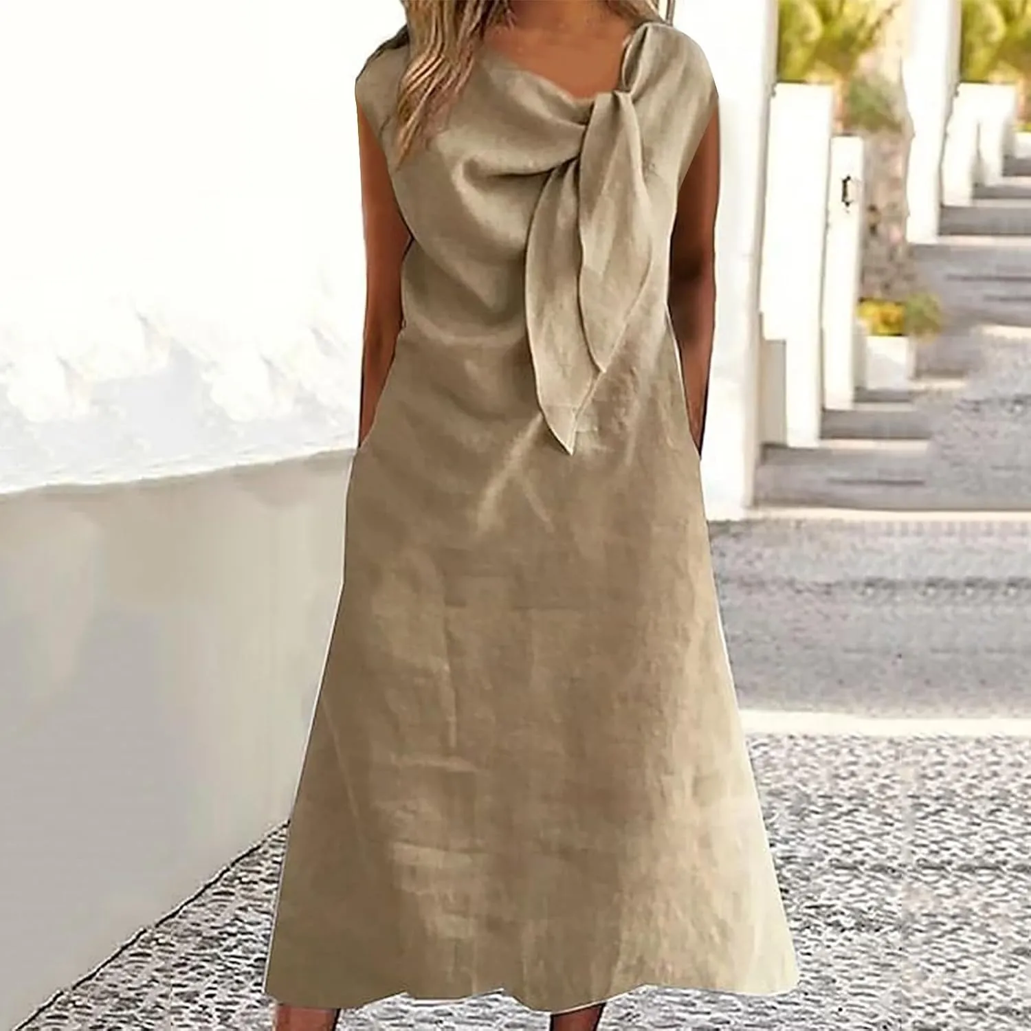 Cotton Linen Dress for Women Summer Fashion Pleated Collar Sleeveless Breathable Loose Fit Dresses Beach Sundress