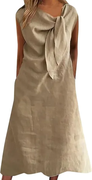 Cotton Linen Dress for Women Summer Fashion Pleated Collar Sleeveless Breathable Loose Fit Dresses Beach Sundress