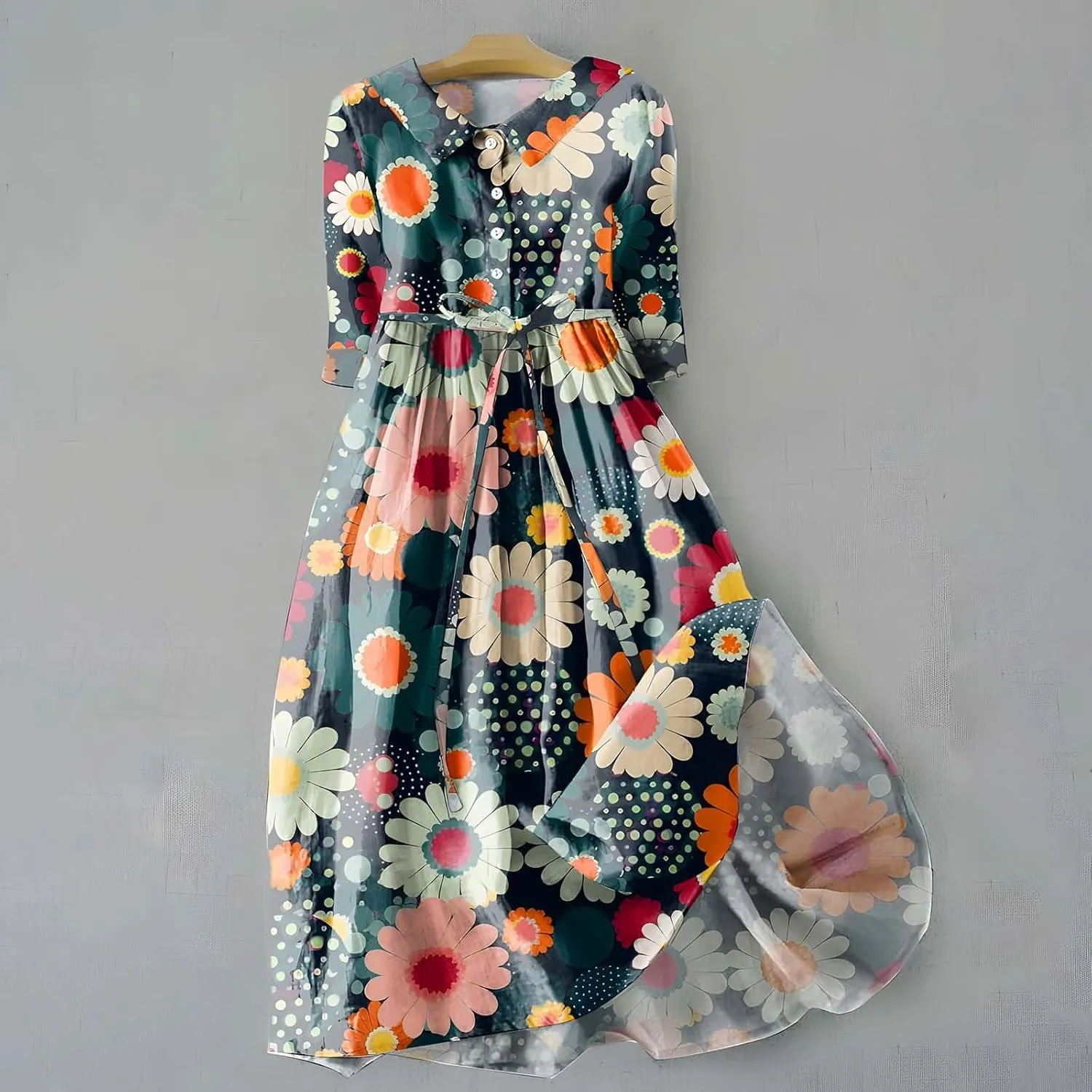 Cotton Linen Dresses for Women 2024 Maxi Button Down Plus Size A Line Dress Trendy 3/4 Sleeve Floral Dress Summer Dresses