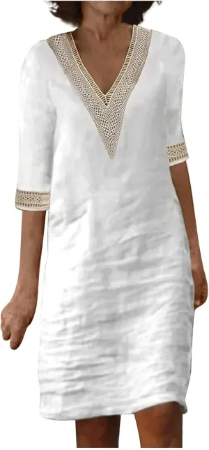 Cotton Linen Dresses for Women,2024 Summer Elegant Trendy V Neck 3/4 Sleeve Midi Dress,Casual Plain Beach Dress