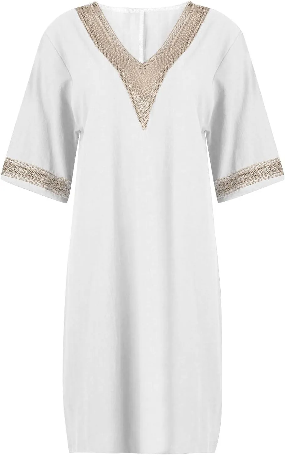 Cotton Linen Dresses for Women,2024 Summer Elegant Trendy V Neck 3/4 Sleeve Midi Dress,Casual Plain Beach Dress