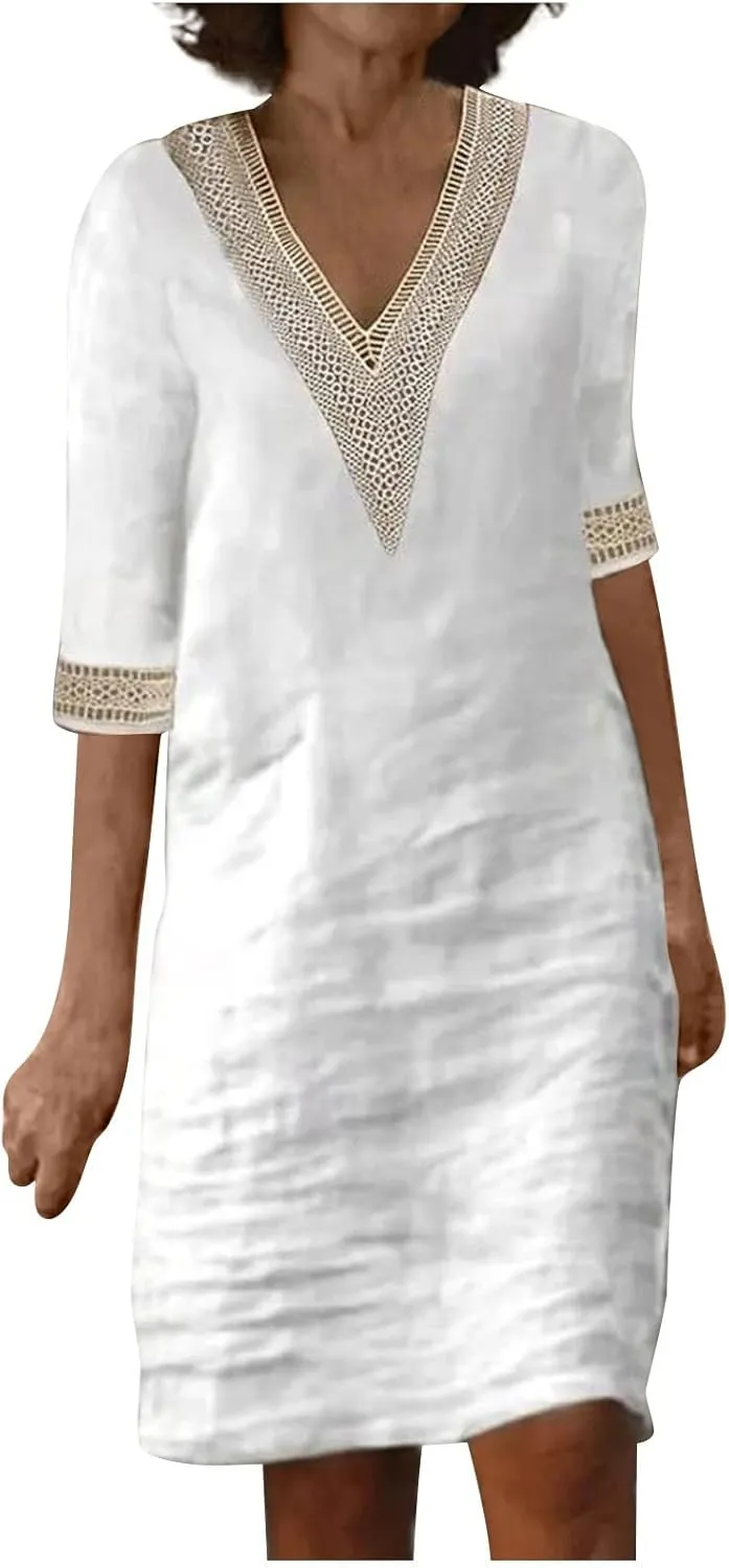 Cotton Linen Dresses for Women,2024 Summer Elegant Trendy V Neck 3/4 Sleeve Midi Dress,Casual Plain Beach Dress