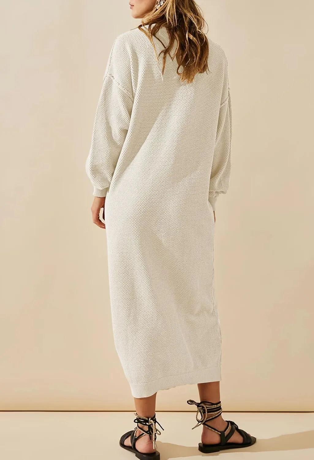 Cutiefox Women's Fall Winter Sweater Long Dress Button V Neck Batwing Long Sleeve Oversized Waffle Knit Dresses