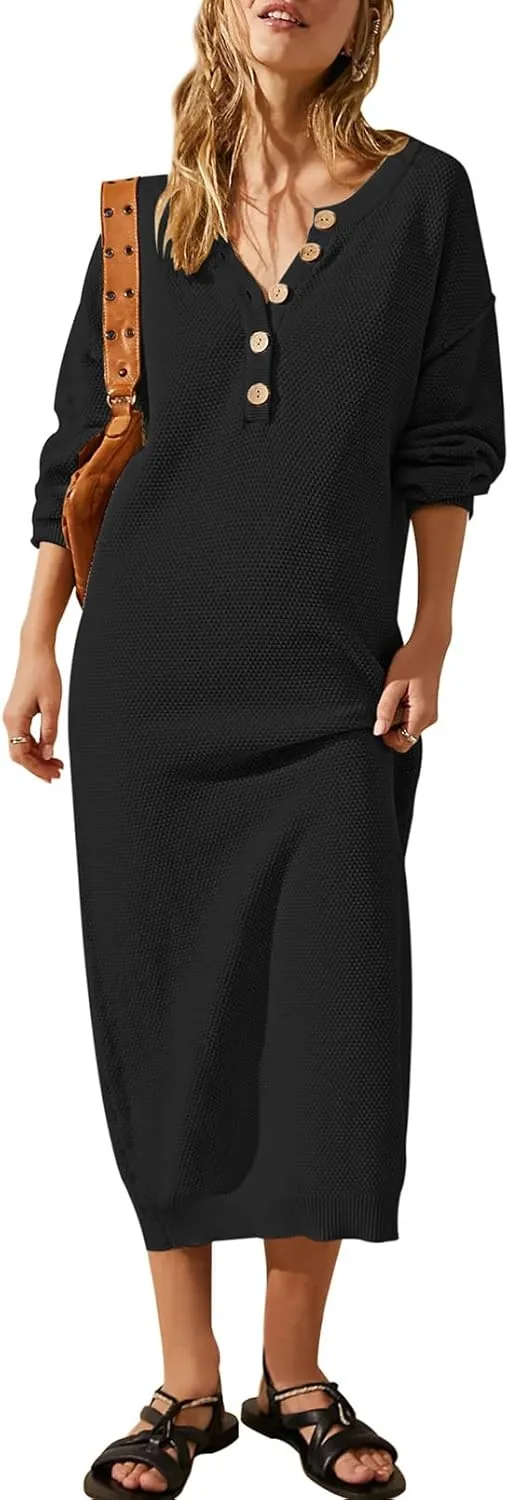 Cutiefox Women's Fall Winter Sweater Long Dress Button V Neck Batwing Long Sleeve Oversized Waffle Knit Dresses