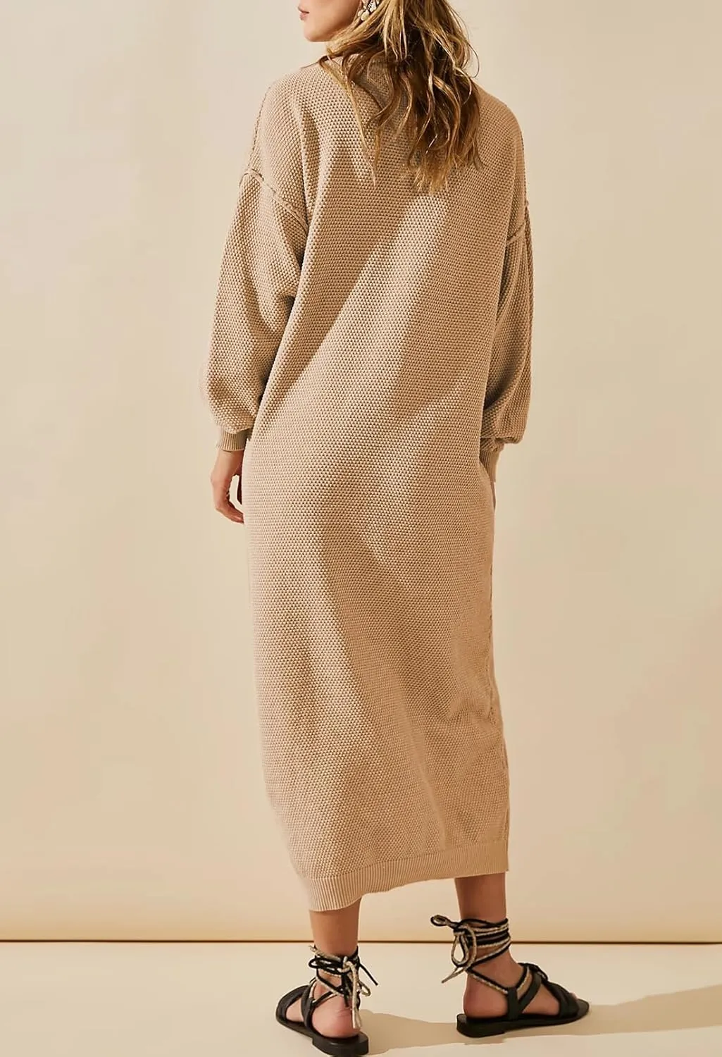 Cutiefox Women's Fall Winter Sweater Long Dress Button V Neck Batwing Long Sleeve Oversized Waffle Knit Dresses