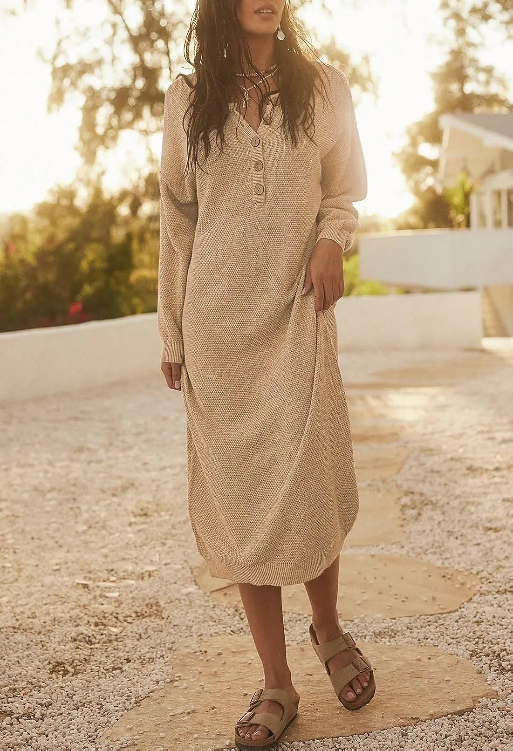 Cutiefox Women's Fall Winter Sweater Long Dress Button V Neck Batwing Long Sleeve Oversized Waffle Knit Dresses