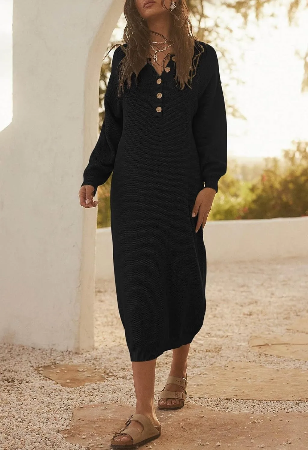 Cutiefox Women's Fall Winter Sweater Long Dress Button V Neck Batwing Long Sleeve Oversized Waffle Knit Dresses