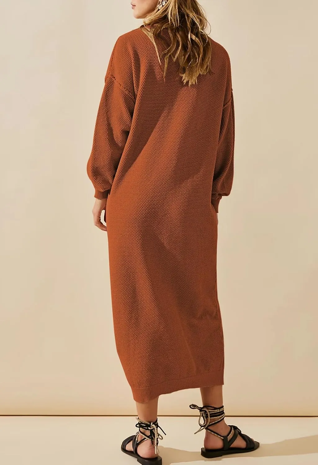 Cutiefox Women's Fall Winter Sweater Long Dress Button V Neck Batwing Long Sleeve Oversized Waffle Knit Dresses