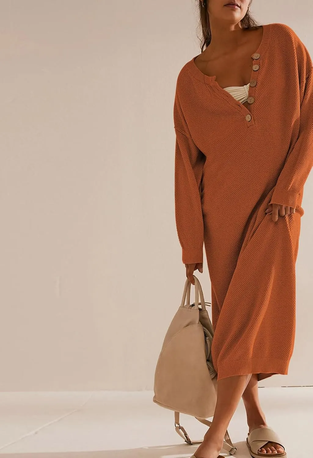 Cutiefox Women's Fall Winter Sweater Long Dress Button V Neck Batwing Long Sleeve Oversized Waffle Knit Dresses