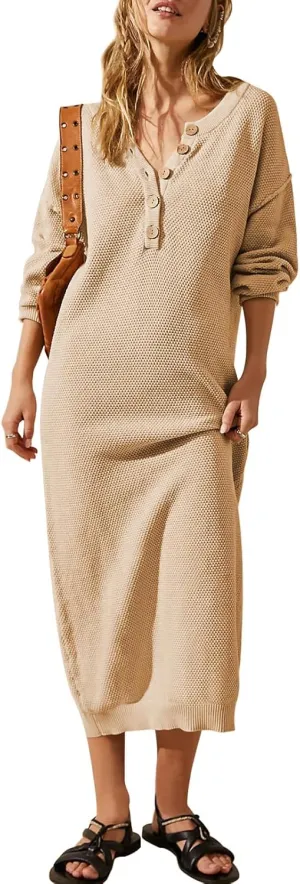 Cutiefox Women's Fall Winter Sweater Long Dress Button V Neck Batwing Long Sleeve Oversized Waffle Knit Dresses