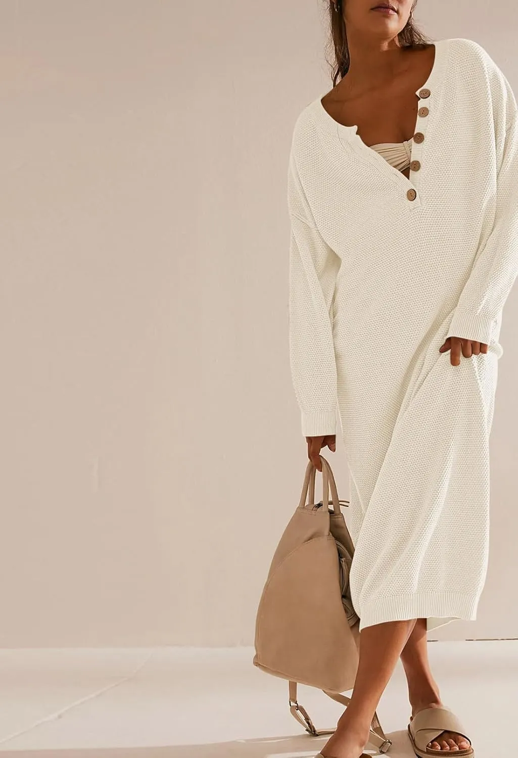Cutiefox Women's Fall Winter Sweater Long Dress Button V Neck Batwing Long Sleeve Oversized Waffle Knit Dresses