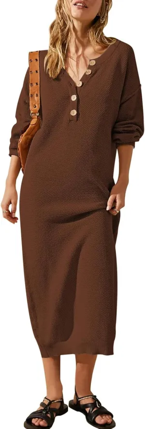 Cutiefox Women's Fall Winter Sweater Long Dress Button V Neck Batwing Long Sleeve Oversized Waffle Knit Dresses