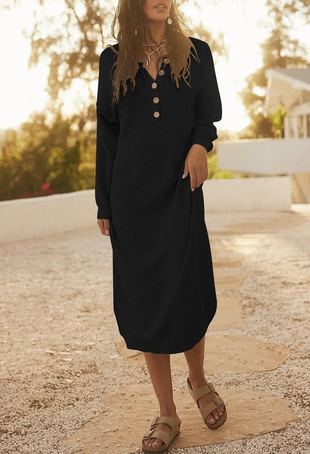 Cutiefox Women's Fall Winter Sweater Long Dress Button V Neck Batwing Long Sleeve Oversized Waffle Knit Dresses