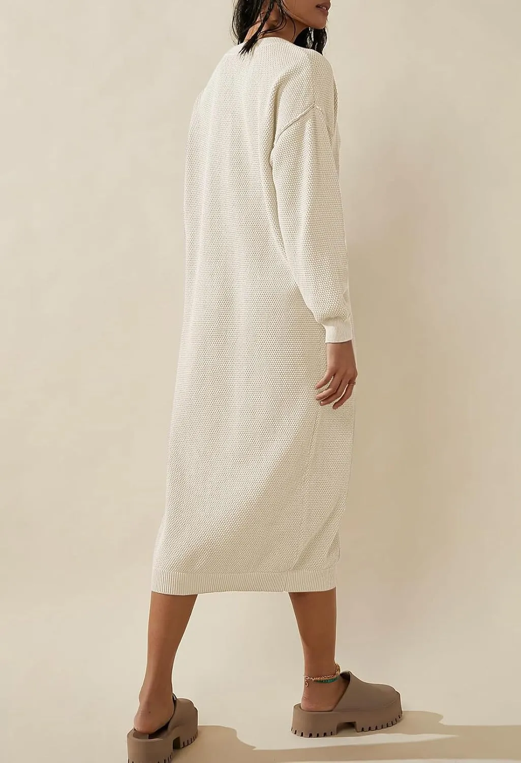 Cutiefox Women's Fall Winter Sweater Long Dress Button V Neck Batwing Long Sleeve Oversized Waffle Knit Dresses