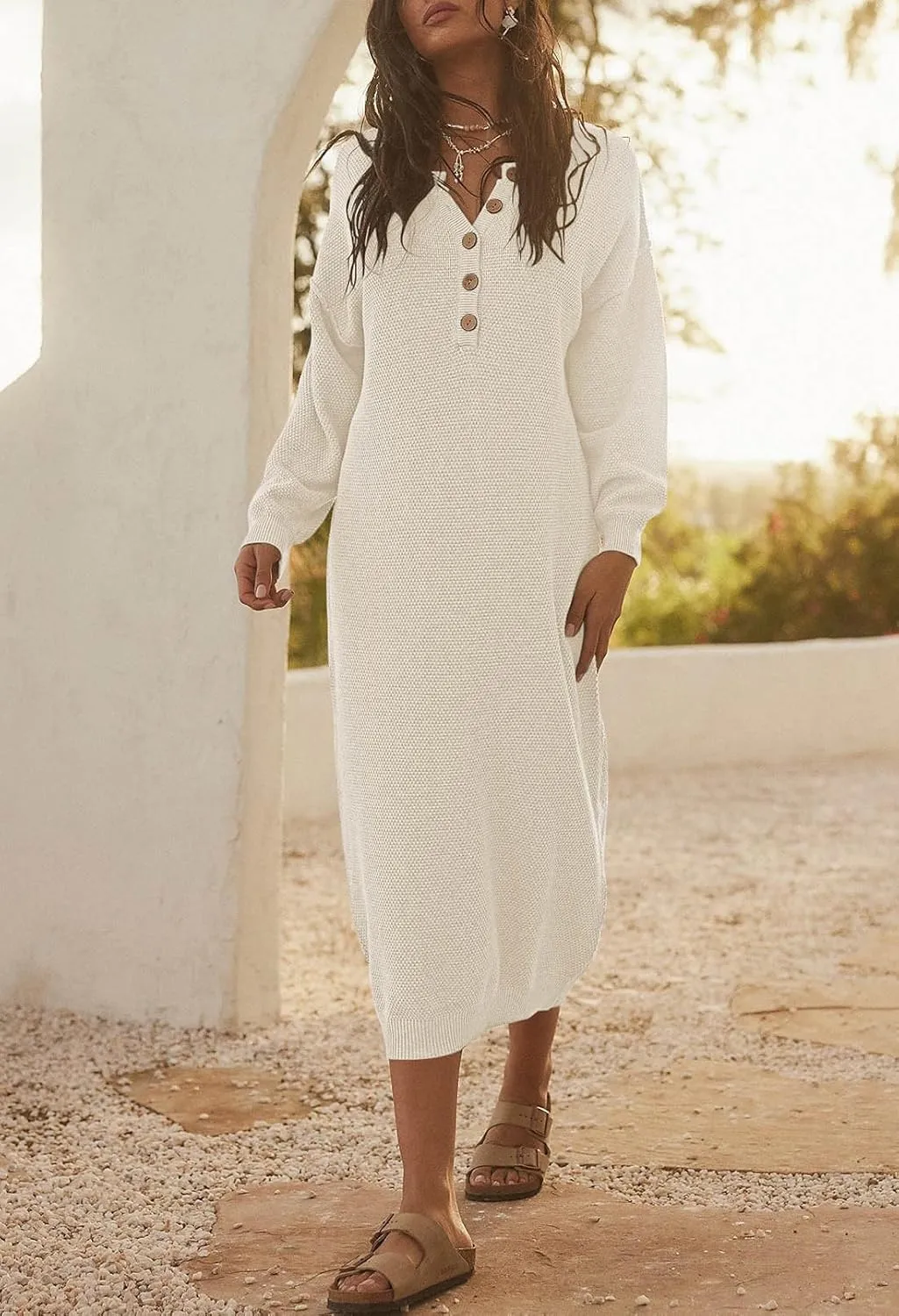 Cutiefox Women's Fall Winter Sweater Long Dress Button V Neck Batwing Long Sleeve Oversized Waffle Knit Dresses