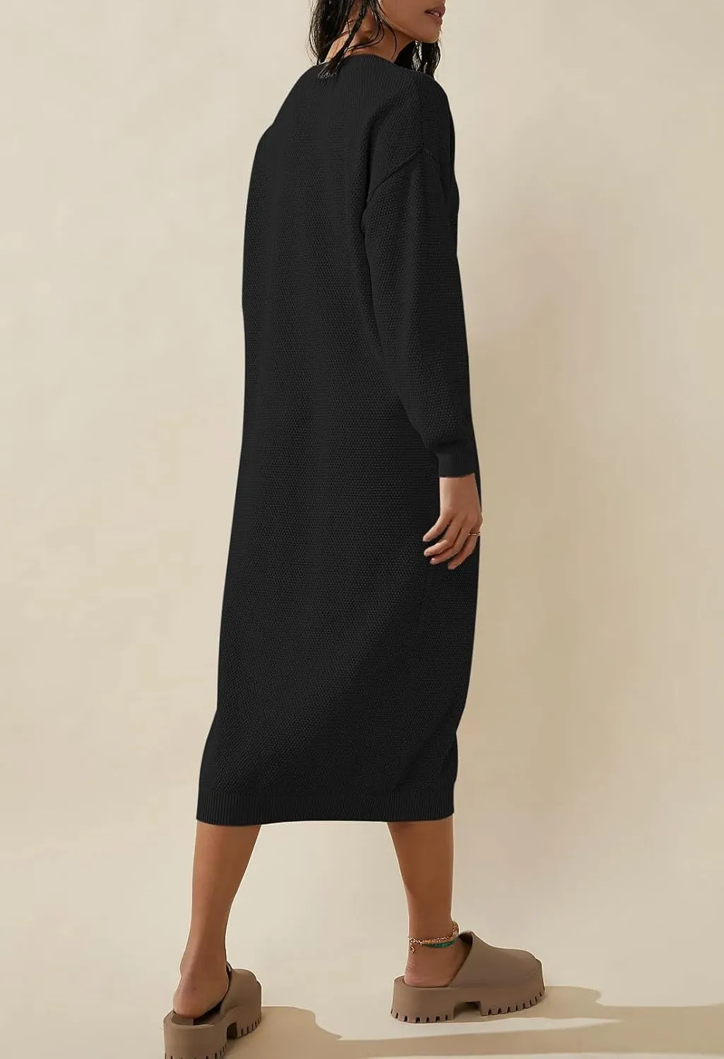 Cutiefox Women's Fall Winter Sweater Long Dress Button V Neck Batwing Long Sleeve Oversized Waffle Knit Dresses
