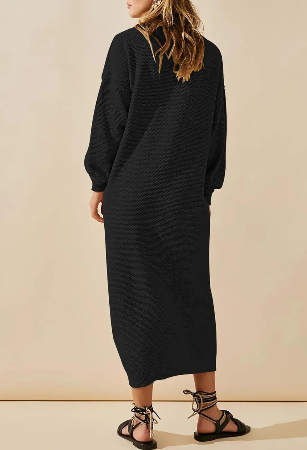Cutiefox Women's Fall Winter Sweater Long Dress Button V Neck Batwing Long Sleeve Oversized Waffle Knit Dresses