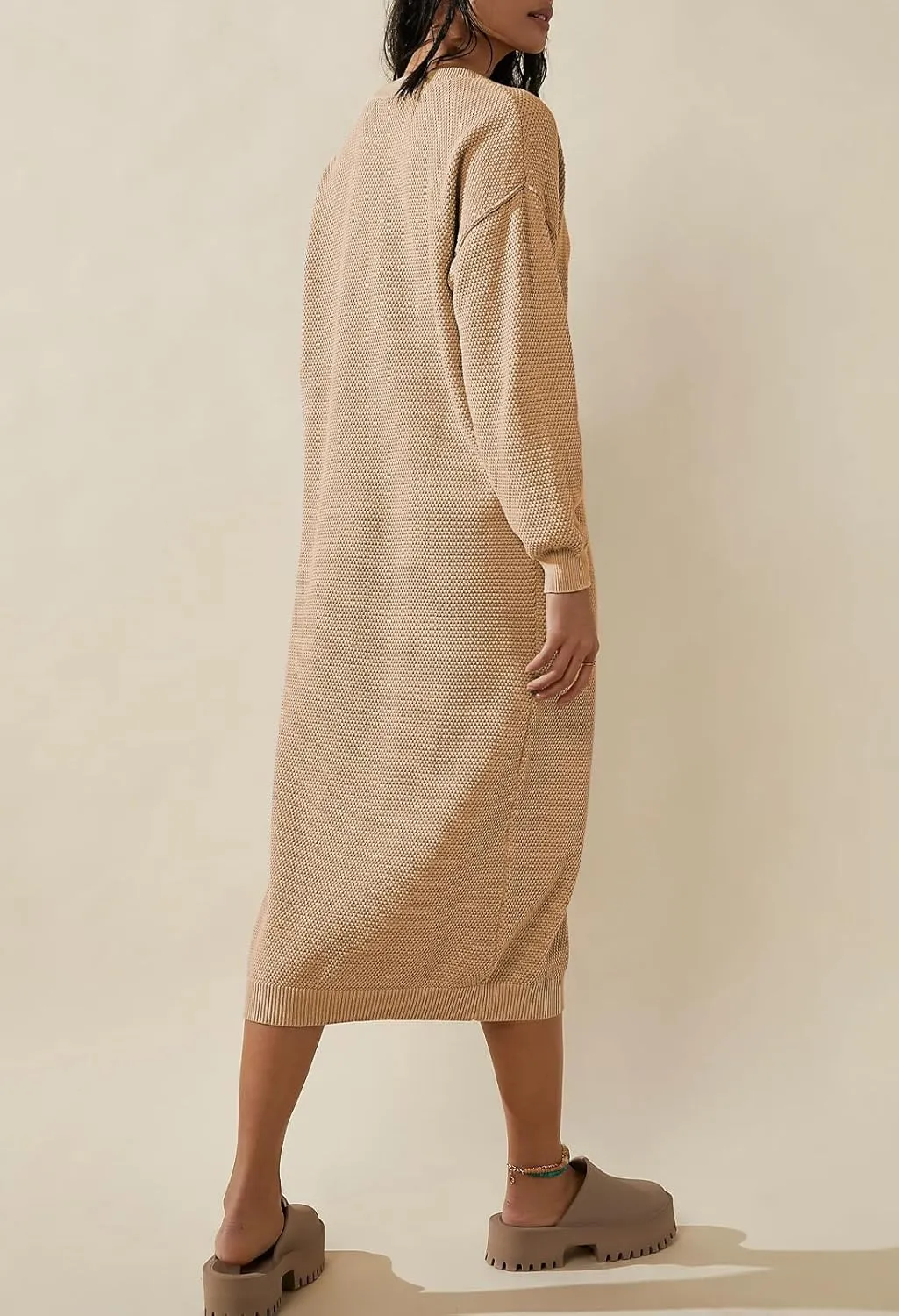 Cutiefox Women's Fall Winter Sweater Long Dress Button V Neck Batwing Long Sleeve Oversized Waffle Knit Dresses