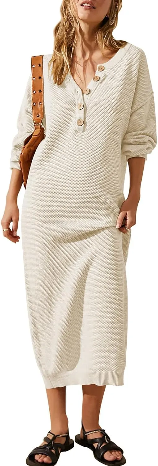 Cutiefox Women's Fall Winter Sweater Long Dress Button V Neck Batwing Long Sleeve Oversized Waffle Knit Dresses