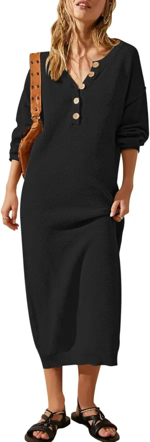 Cutiefox Women's Fall Winter Sweater Long Dress Button V Neck Batwing Long Sleeve Oversized Waffle Knit Dresses