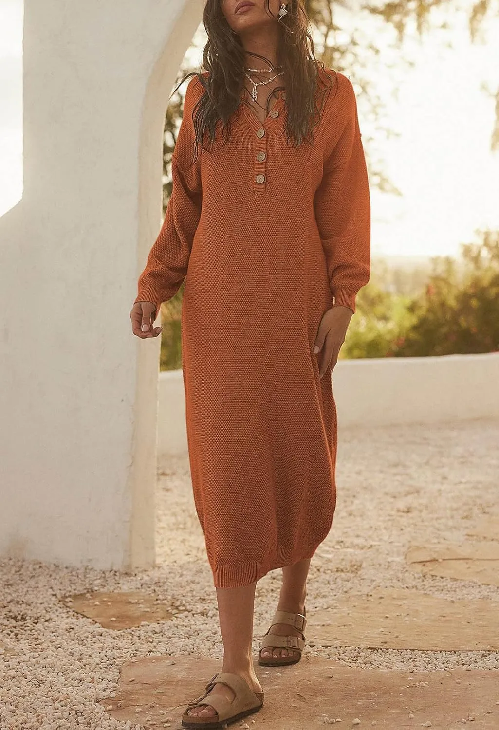 Cutiefox Women's Fall Winter Sweater Long Dress Button V Neck Batwing Long Sleeve Oversized Waffle Knit Dresses