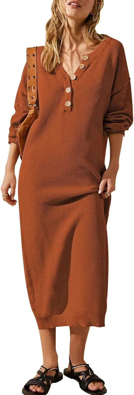 Cutiefox Women's Fall Winter Sweater Long Dress Button V Neck Batwing Long Sleeve Oversized Waffle Knit Dresses