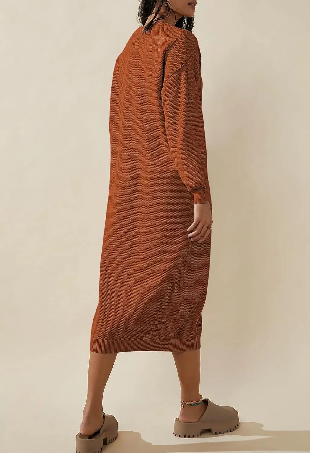 Cutiefox Women's Fall Winter Sweater Long Dress Button V Neck Batwing Long Sleeve Oversized Waffle Knit Dresses