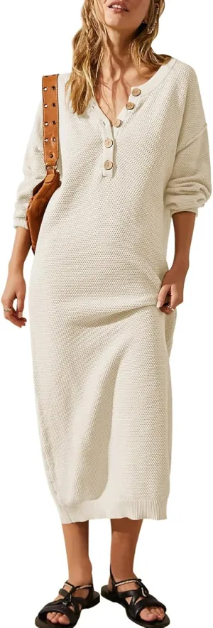 Cutiefox Women's Fall Winter Sweater Long Dress Button V Neck Batwing Long Sleeve Oversized Waffle Knit Dresses