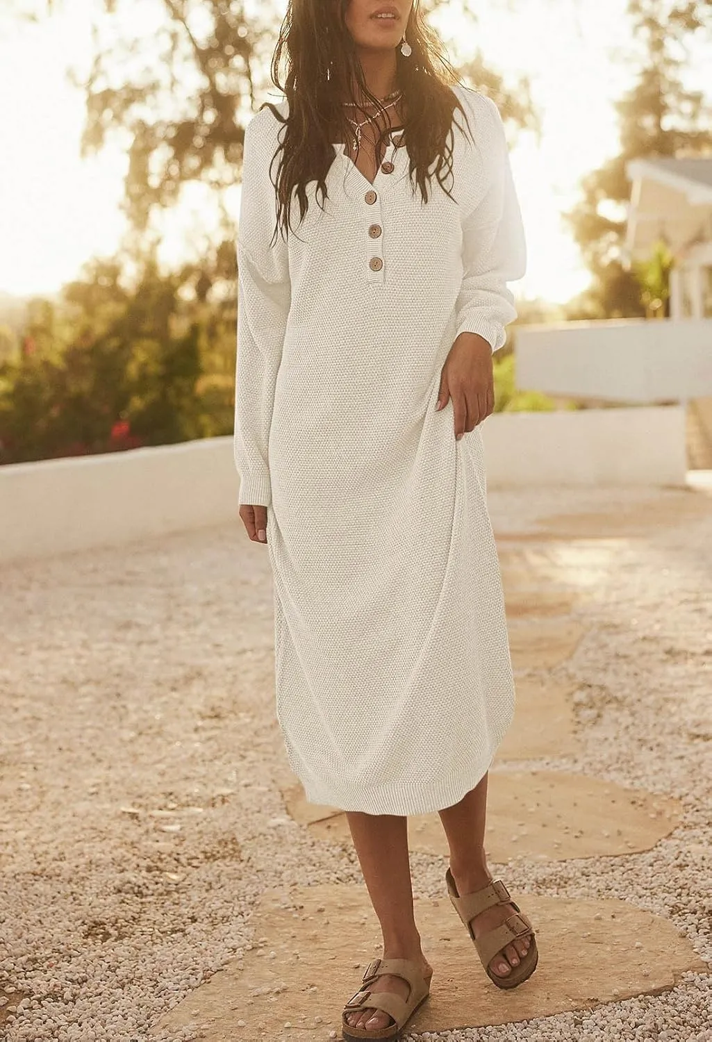 Cutiefox Women's Fall Winter Sweater Long Dress Button V Neck Batwing Long Sleeve Oversized Waffle Knit Dresses