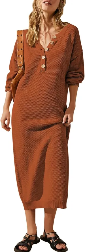 Cutiefox Women's Fall Winter Sweater Long Dress Button V Neck Batwing Long Sleeve Oversized Waffle Knit Dresses