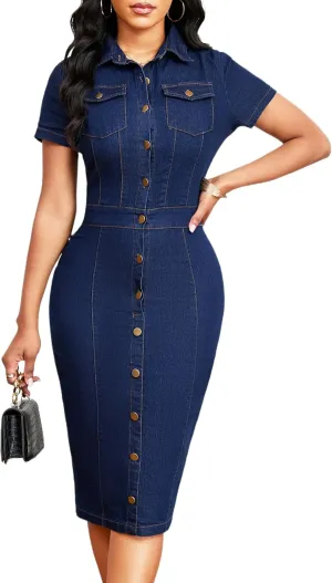 Denim Dress for Women Bodycon Sexy Short Sleeve Jean Split Workwear Dresses with Zipper Club Party Night