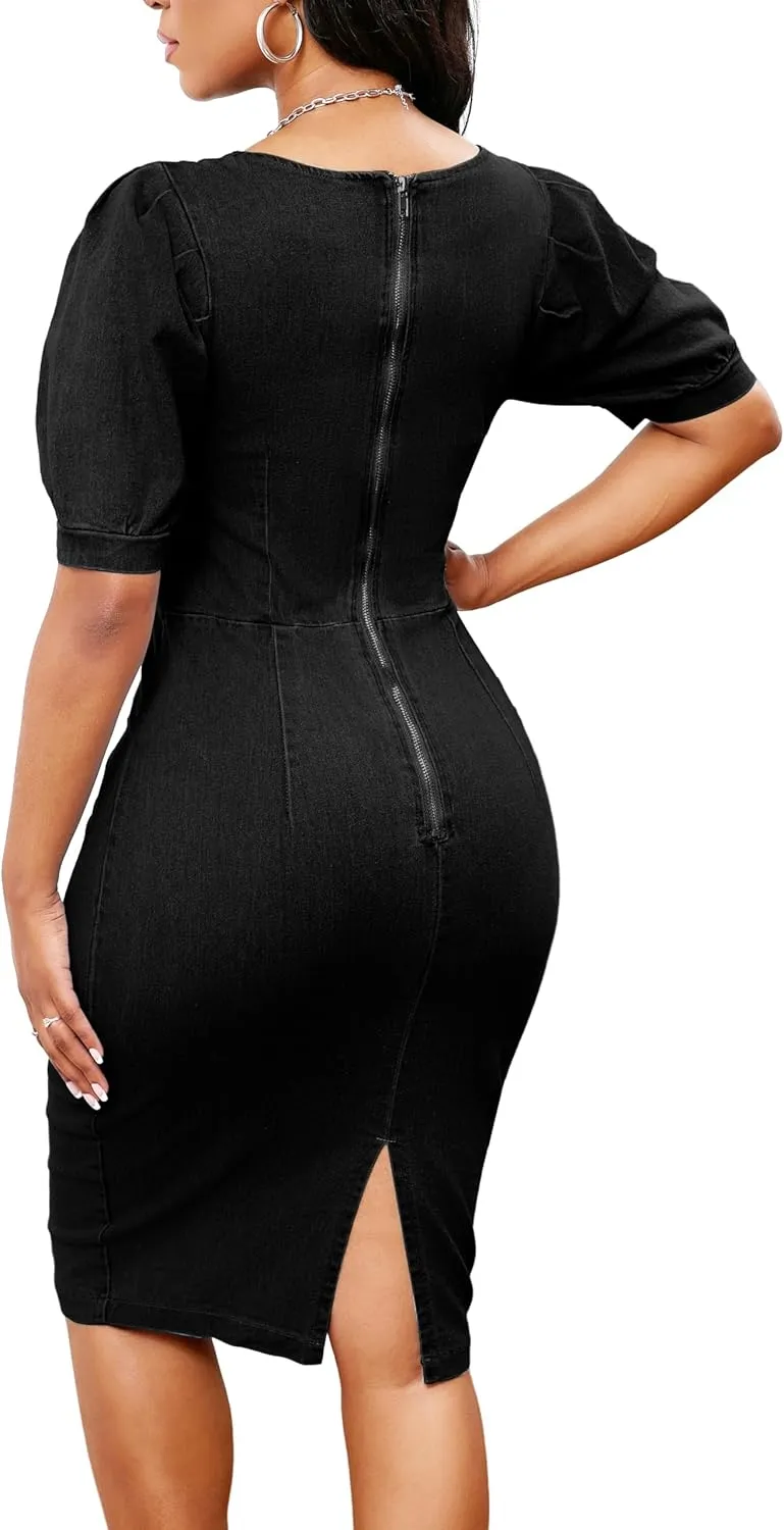 Denim Dress for Women Bodycon Sexy Short Sleeve Jean Split Workwear Dresses with Zipper Club Party Night