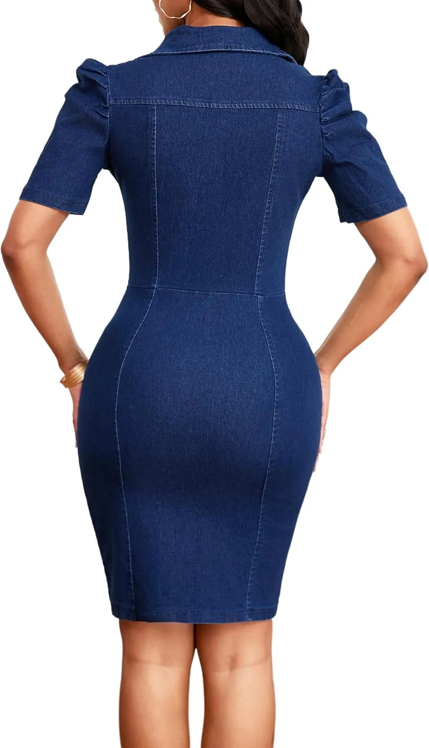 Denim Dress for Women Bodycon Sexy Short Sleeve Jean Split Workwear Dresses with Zipper Club Party Night