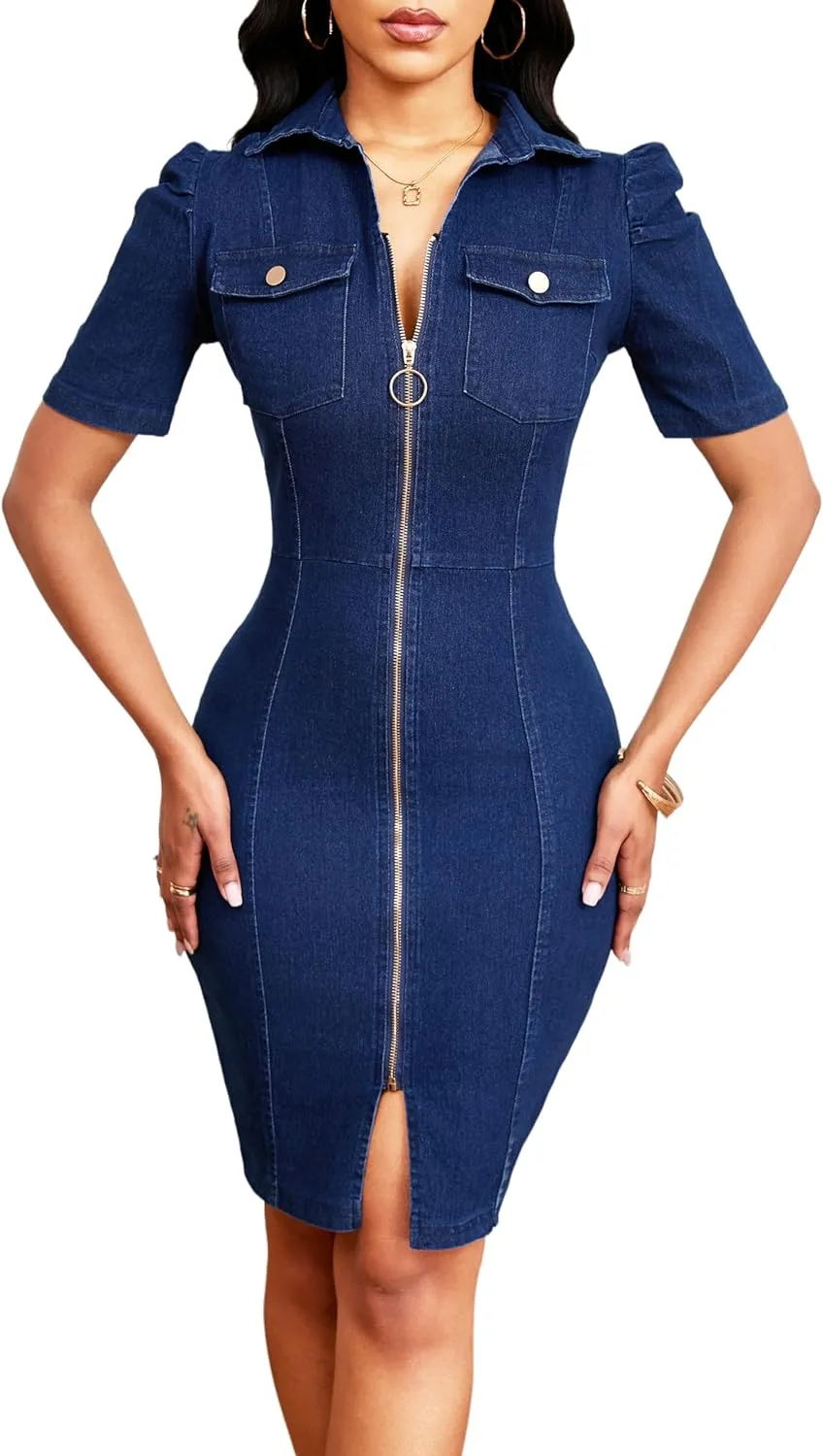 Denim Dress for Women Bodycon Sexy Short Sleeve Jean Split Workwear Dresses with Zipper Club Party Night
