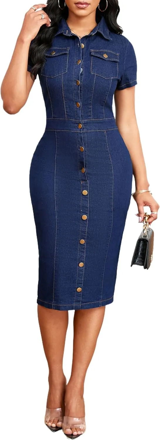 Denim Dress for Women Bodycon Sexy Short Sleeve Jean Split Workwear Dresses with Zipper Club Party Night